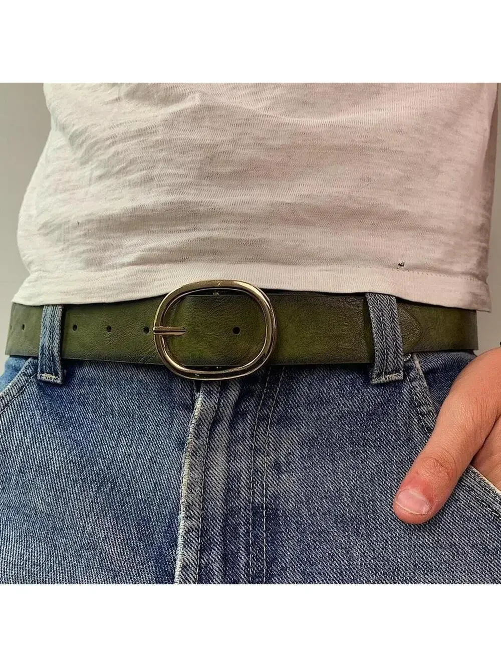 Faded Green leather belt with Gold oval belt buckle. Very cool unique belt. Y2k